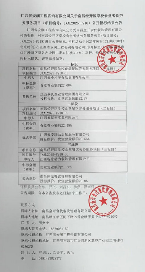南昌经开区学校食堂餐饮劳务服务项目公开招标结果公告